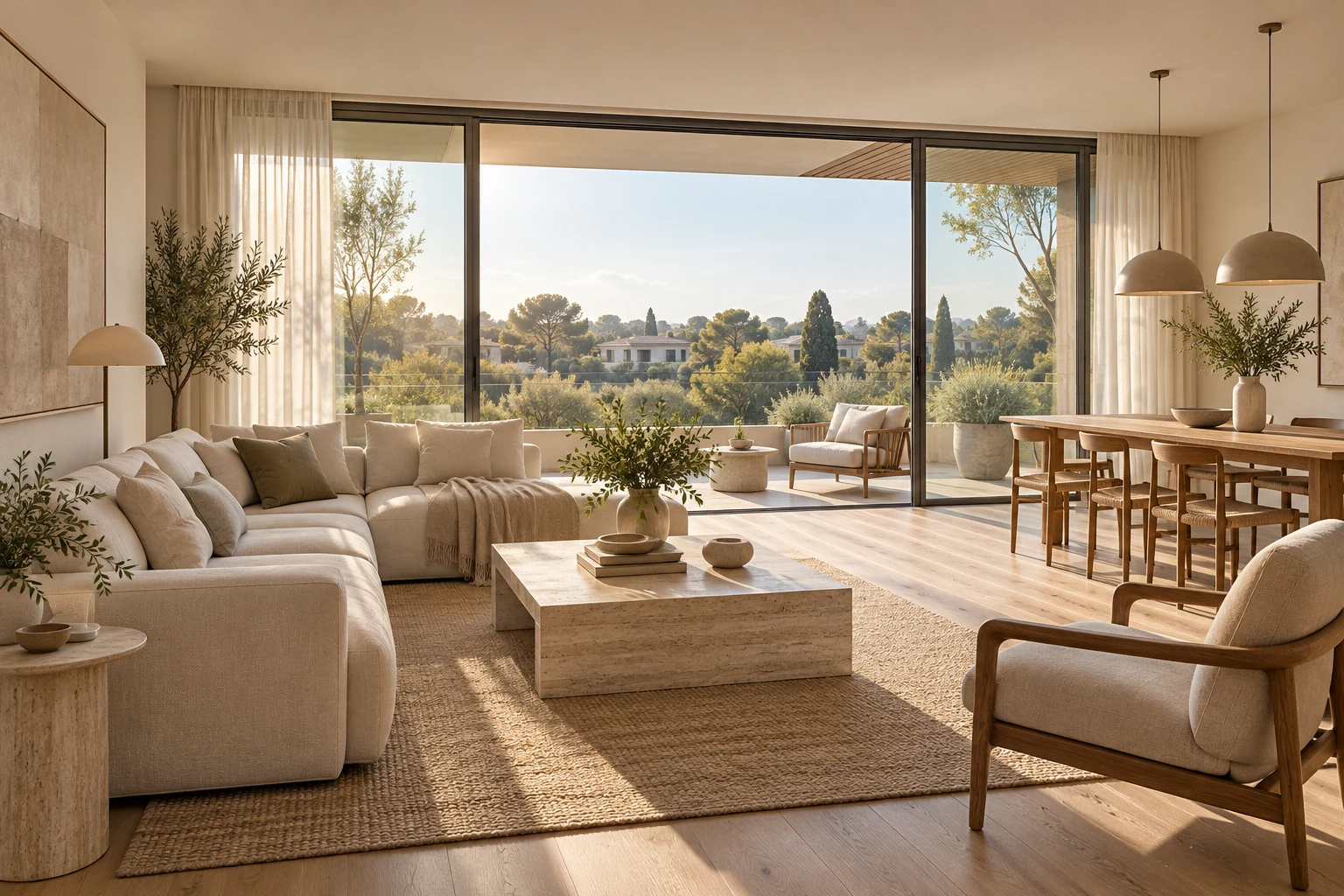 Visualización conceptual de un living residencial con materiales naturales, luz de mañana y una terraza